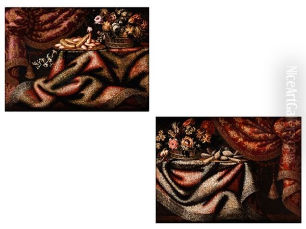 Zwei Stillleben Mit Vorhang, Teppich, Blumenkorb Und Geback Oil Painting by Francesco Il Maltese Noletti