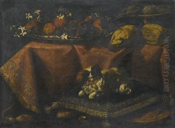 Still Life Of Fruit And Flowers In A Bowl, Lemons And Sugarbread In A Tazza Resting On A Draped Table, Together With A Spaniel Resting On A Pillow In The Foreground Oil Painting by Francesco Il Maltese Noletti