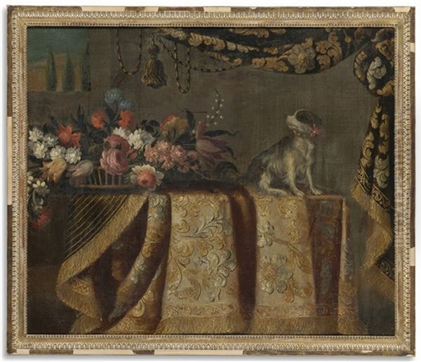 Still Life Of Flowers With A Toy Spaniel, All On Draped Table Oil Painting by Francesco Il Maltese Noletti