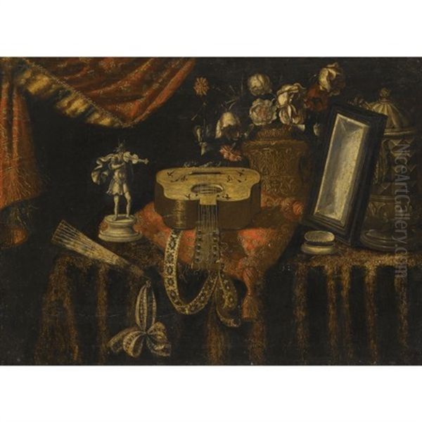 A Still Life With A Guitar, A Fan, A Statuette Of A Violinist, A Snuff Box, A Mirror And Flowers, All On A Draped Table Oil Painting by Francesco Il Maltese Noletti
