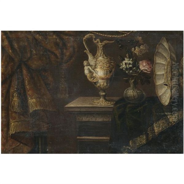 A Still Life With A Sculpted Pitcher And A Vase Of Flowers On A Partly-draped Stone Ledge Oil Painting by Francesco Il Maltese Noletti