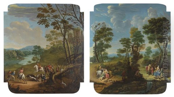 Chasse A Courre Au Sanglier (+ Le Repos Des Chasseurs; Pair) Oil Painting by Joseph Francis Nollekens