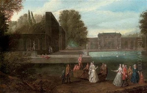 Elegant Company Disembarking From A Boat In A Lake In The Grounds Of A Country House Oil Painting by Joseph Francis Nollekens