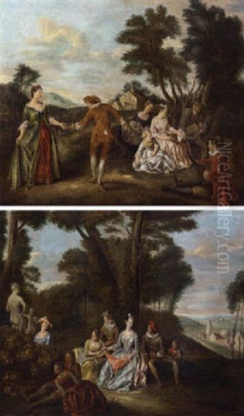 Fete Champetre: Elegant Company Dancing And Listening To Music In A Landscape Oil Painting by Joseph Francis Nollekens