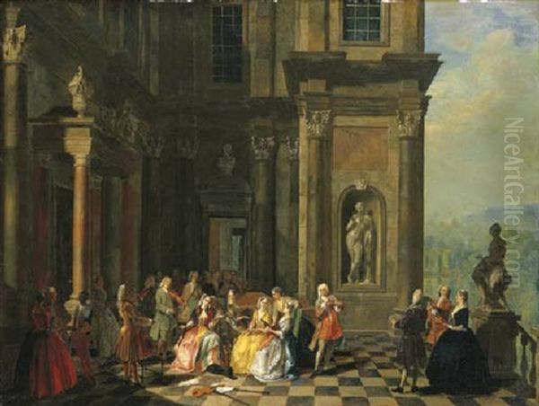 A Musical Party On The Terrace Of A Classical Mansion Oil Painting by Joseph Francis Nollekens