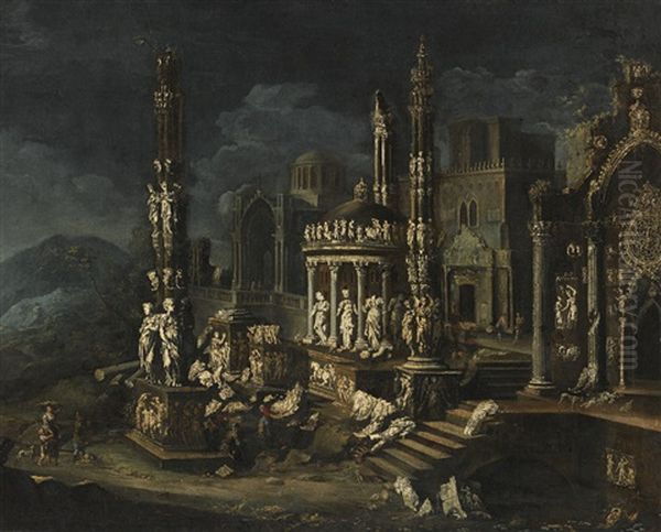 An Architectural Capriccio With A Group Of Figures Oil Painting by Francois de Nome