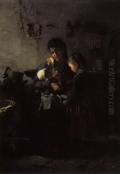 Mother With Her Baby And Child In An Interior Oil Painting by Luigi Nono