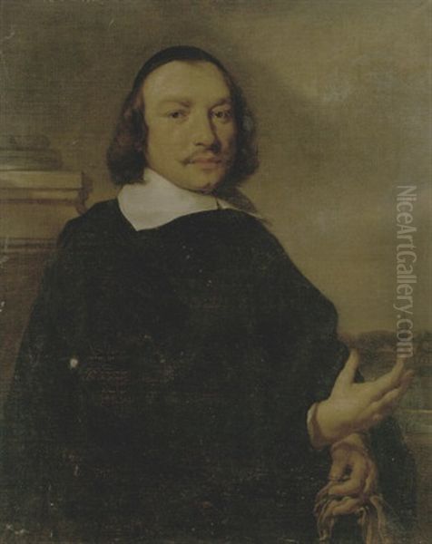 Portrait Of A Gentleman Holding Gloves, A View Of A Dutch Town Beyond Oil Painting by Jan van Noordt