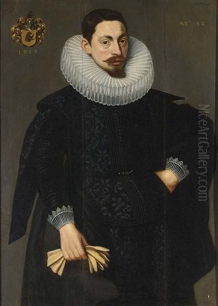 A Portrait Of A Bearded Man Wearing An Elegant Black Suit With White Lace Cuffs Oil Painting by Adam van Noort