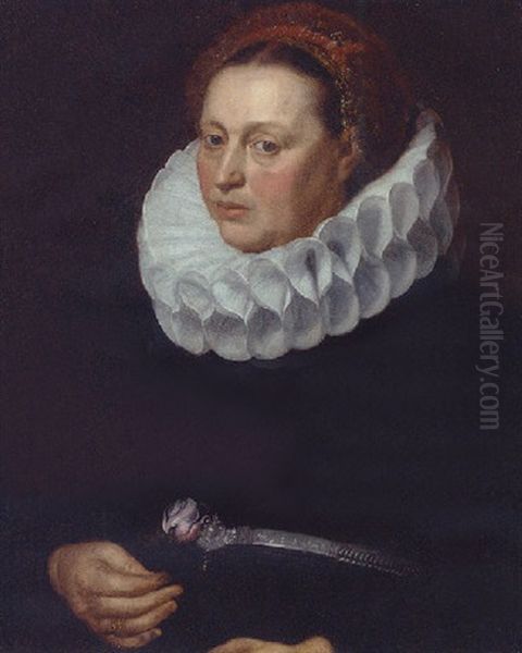 Portrait Of A Lady In A Black Dress With A White Ruff Wearing A Red And Gold Lace Headdress And Holding A Rose Oil Painting by Adam van Noort