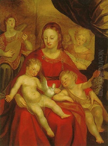 The Virgin And Child Whit The Infant Saint John The Baptist And Angels Making Music Oil Painting by Adam van Noort