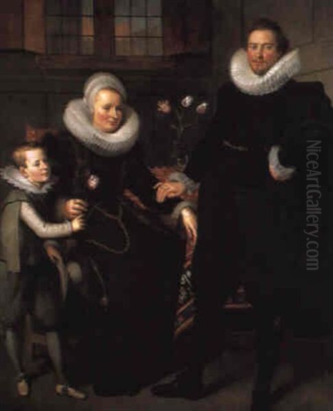 A Group Portrait Of A Family, Full Length, In An Interior Oil Painting by Adam van Noort