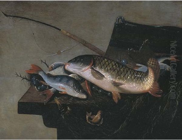A Carp, A Perch, And Other Fish On A Table In An Interior Oil Painting by Pieter Van Noort