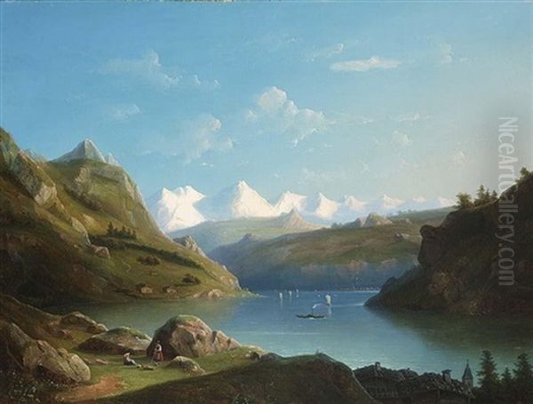 A Snow-capped Fjord Oil Painting by Jacobus Hendricus Johannes Nooteboom