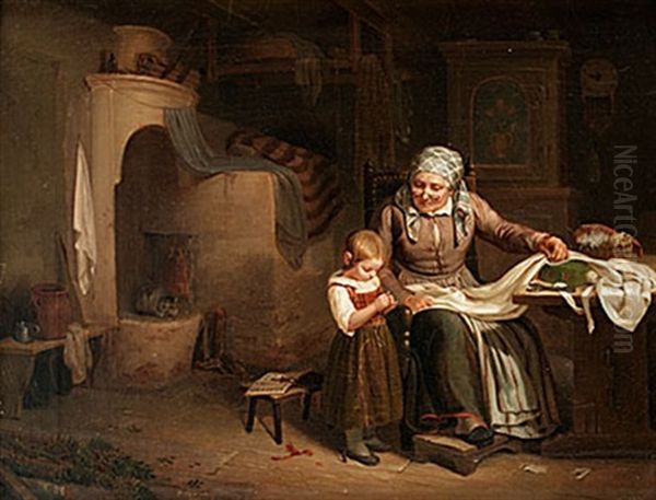 Handarbetande Flicka Vid Mormor Oil Painting by Bengt Nordenberg