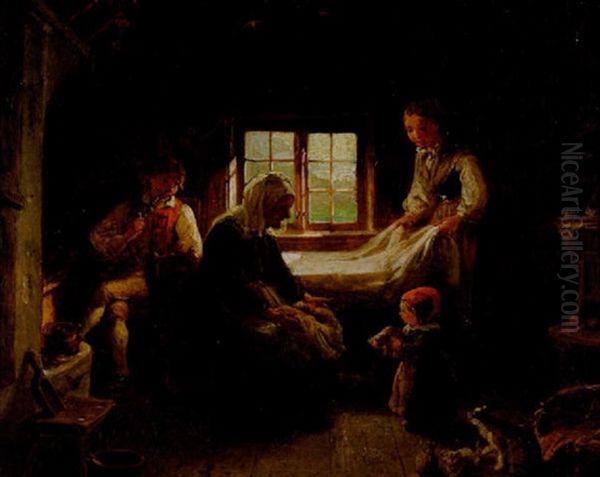 Allmogeinterior Med Familj Oil Painting by Bengt Nordenberg