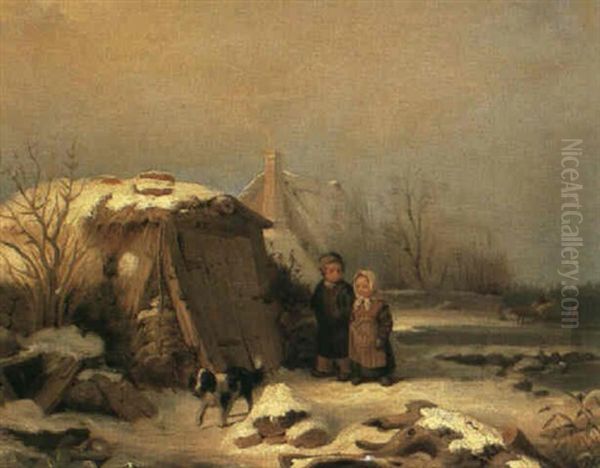 Vinterlandskap Med Barn Och Hund Vid Kallarbyggnad Oil Painting by Bengt Nordenberg