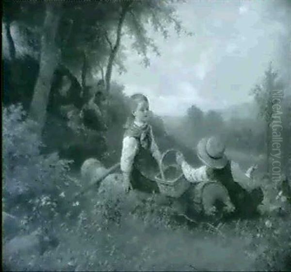 Sommarlandskap Med Barn I Skogsbacke Oil Painting by Bengt Nordenberg