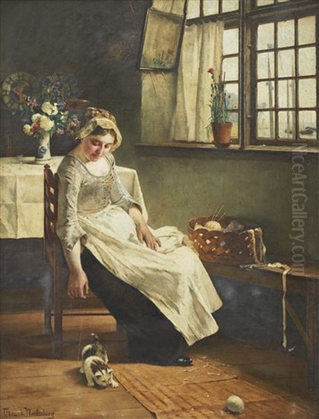 Kvinna Leker Med Katt Oil Painting by Henrik Nordenberg