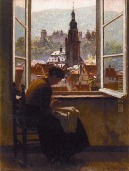 A Woman Sewing By A Window With A Church Beyond Oil Painting by Henrik Nordenberg