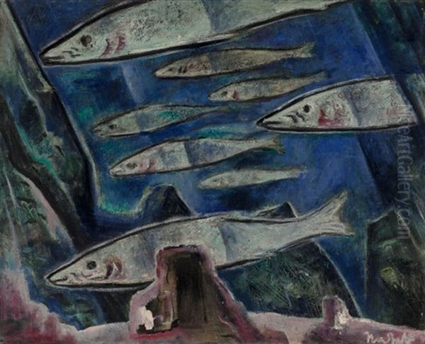 School Of Fish Oil Painting by Bror Julius Olsson Nordfeldt