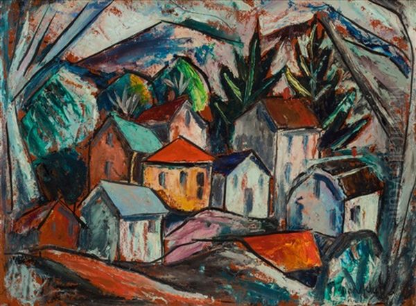 A Hillside Village Oil Painting by Bror Julius Olsson Nordfeldt