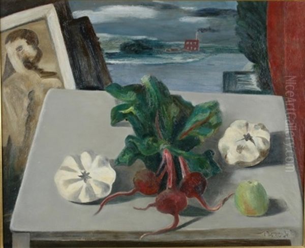 Still Life With Beets, Squash And Apple With View Of A Factory Oil Painting by Bror Julius Olsson Nordfeldt
