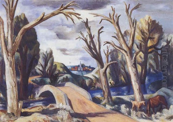 Bridge Across Stream Oil Painting by Bror Julius Olsson Nordfeldt