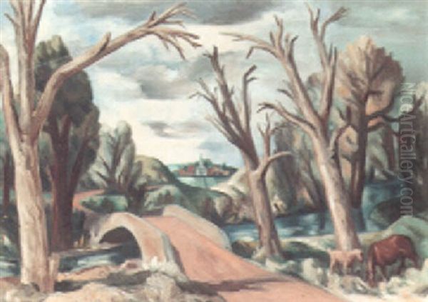 Bridge Across The Stream Oil Painting by Bror Julius Olsson Nordfeldt