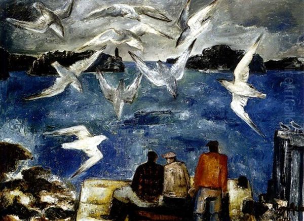 Fisherman And Seagulls, Northern California Oil Painting by Bror Julius Olsson Nordfeldt