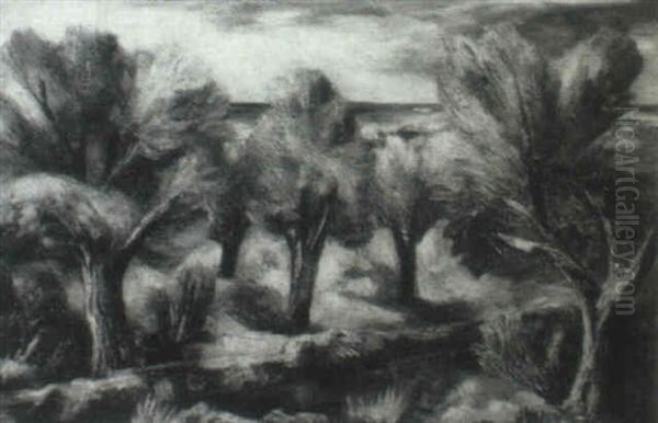 Orchard And Sea, Newburyport Oil Painting by Bror Julius Olsson Nordfeldt