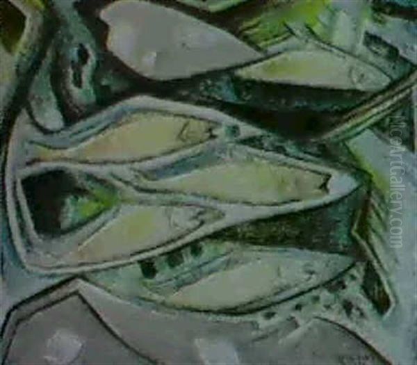 Fish, Black, Green And White Oil Painting by Bror Julius Olsson Nordfeldt