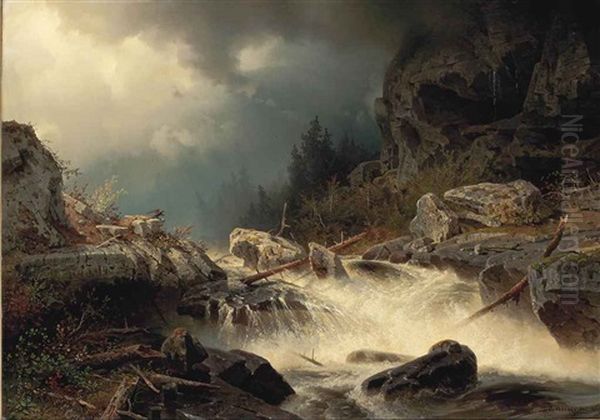 An Eagle At A Mountain Torrent Oil Painting by Axel Wilhelm Nordgren