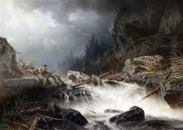 Alpine Falls Oil Painting by Axel Wilhelm Nordgren