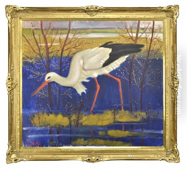 Vadande Stork Oil Painting by Ernst Norlind