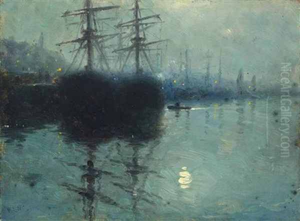 Moonlit Harbour Scene Oil Painting by William Edward Norton