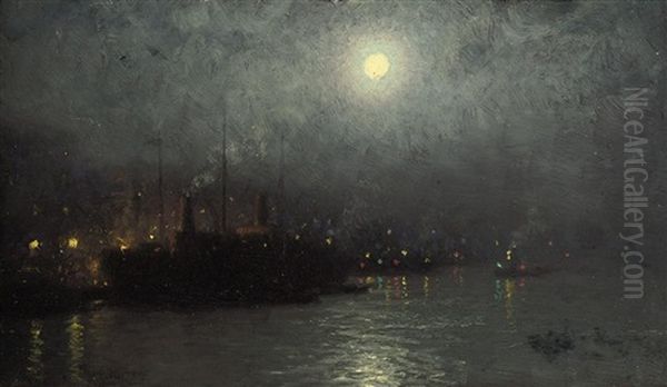 Boston Harbor By Moonlight Oil Painting by William Edward Norton