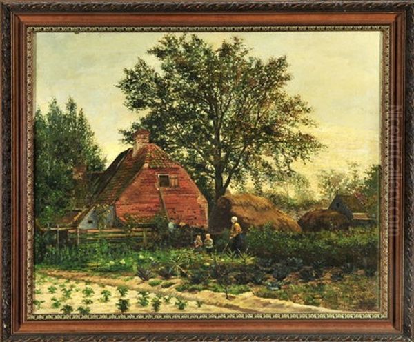 Mutter Mit Kindern Im Gemusegarten Hinter Einem Kleinen Backsteinhaus Oil Painting by Daniel Noteboom