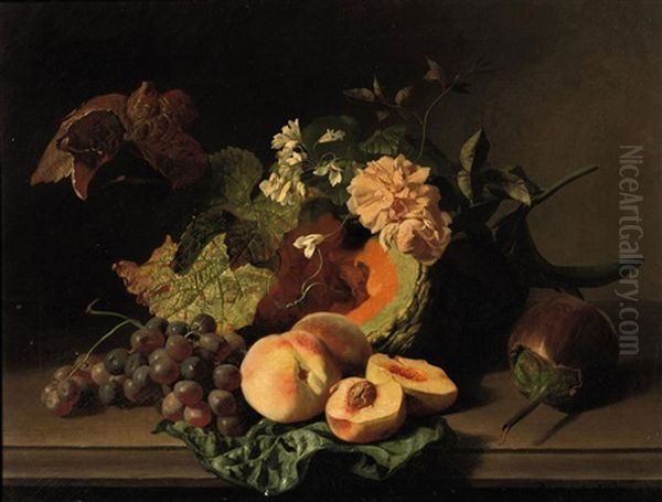 Roses, Peaches, Grapes And Other Fruits And Flowers On A Ledge Oil Painting by David Emile Joseph de Noter