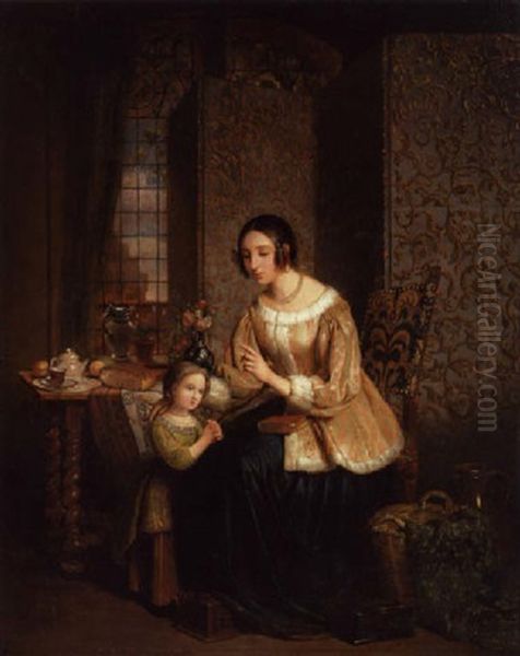 Interior Med Mor, Der Laerer Sin Lille Datter At Bede Aftenbon Oil Painting by David Emile Joseph de Noter