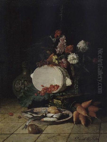 Stilleben Mit Blumen, Fruchten Und Fisch Oil Painting by David Emile Joseph de Noter