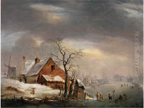 Winterlandschaft Mit Schlittschuhlaufern Oil Painting by Pierre Francois de Noter