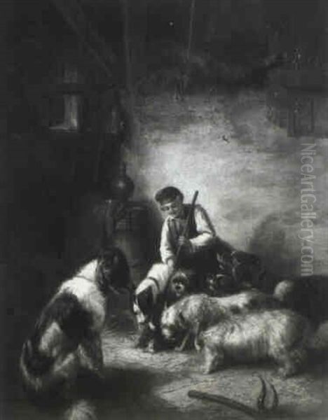 Dogs In A Barn Oil Painting by Zacharias Noterman