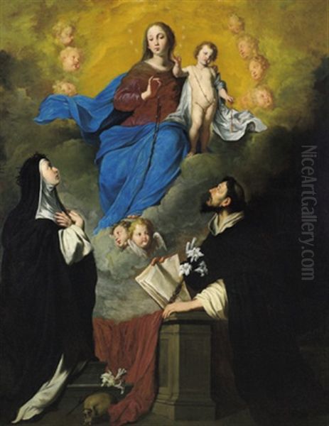 La Madonna Del Carmine: Madonna Con San Benedetto, La Santa Scholastica Ed Angeli Oil Painting by Pietro Novelli