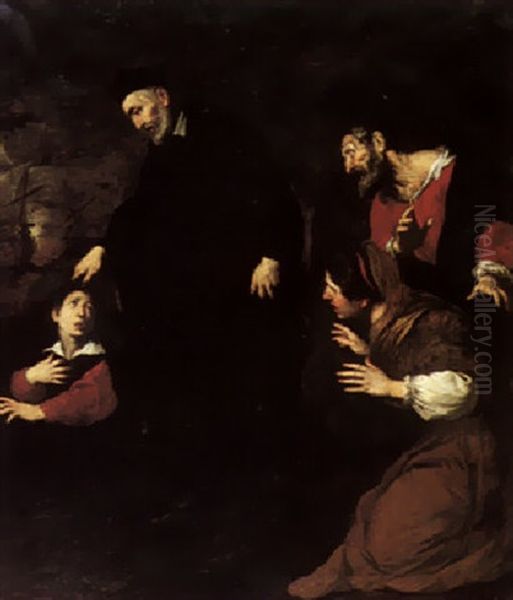 A Cleric Blessing A Young Boy With An Old Man And Woman Looking On Oil Painting by Pietro Novelli