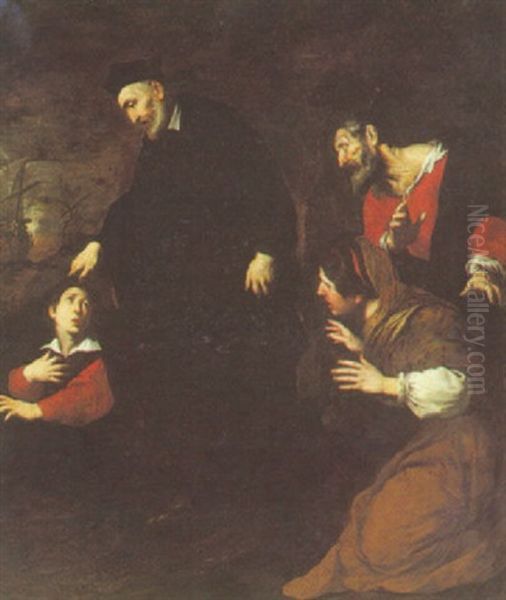 A Cleric Blessing A Young Boy With An Old Man And A Woman Looking On Oil Painting by Pietro Novelli