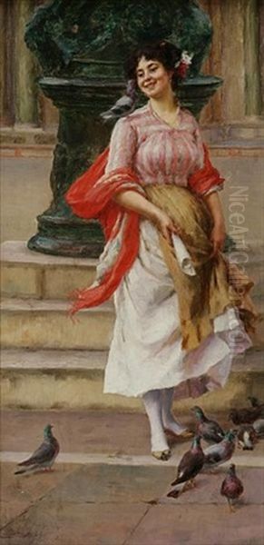 Woman Feeding Pigeons Oil Painting by Stefano Novo