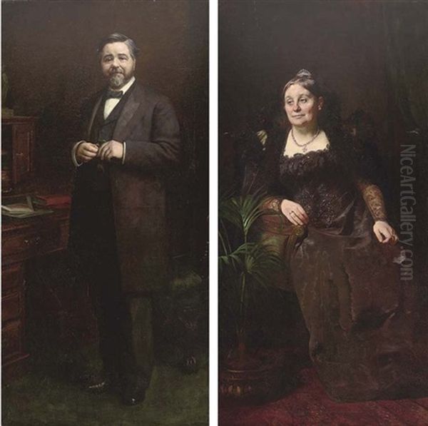 Portrait Of William Tyne In A Black Suit, Holding Glasses In A Study (+ Portrait Of Martha Tyne Seated In A Brown Dress And Tiara; Pair) Oil Painting by Arthur Trevithin Nowell