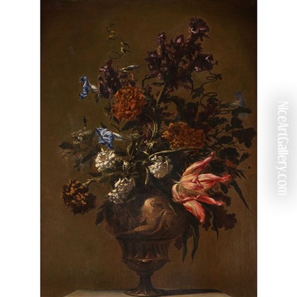 A Still Life Of Ipomoeas, Cirsium, Tulips, Carnations And Dog Roses Oil Painting by Mario Nuzzi Mario Dei Fiori