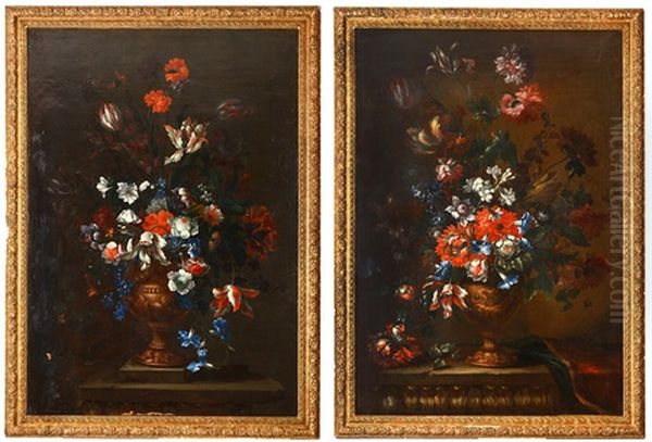 Chrysanthemums, Morning Glory, And Other Flowers In A Sculpted Vase On A Stone Ledge; And Tulips, Carnations, And Other Flowers In A Sculpted Vase On A Stone Plinth (pair) Oil Painting by Mario Nuzzi Mario Dei Fiori